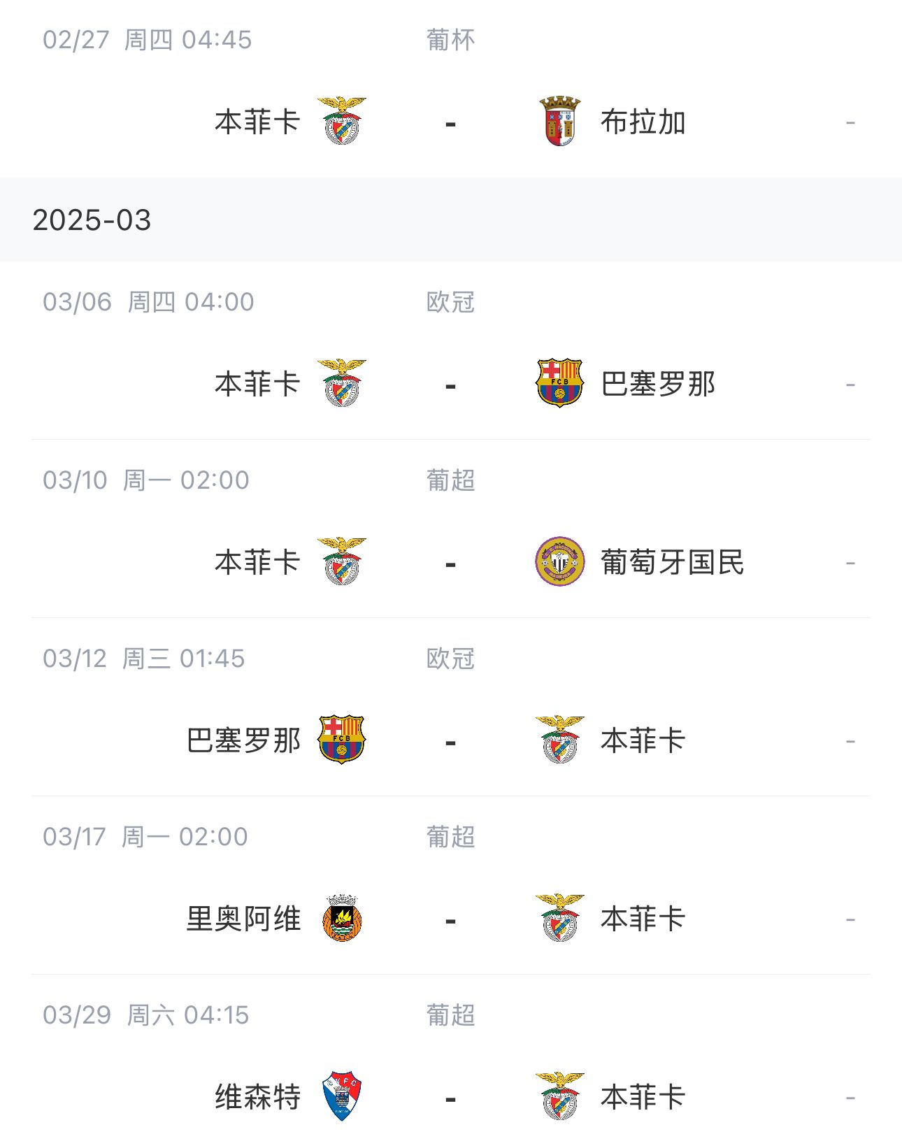 讓路歐冠！本菲卡戰(zhàn)巴薩首回合比賽前的葡超比賽推遲進(jìn)行
