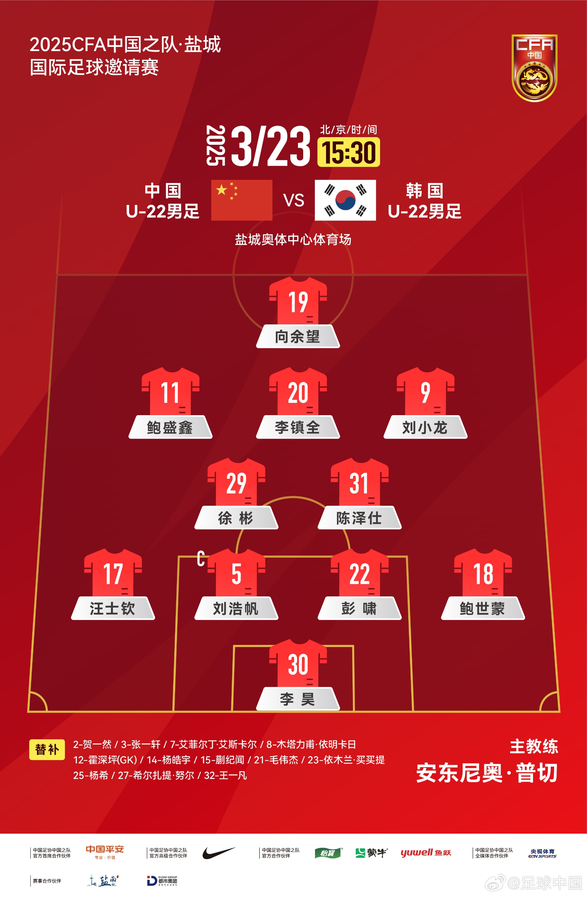 鹽城四國(guó)賽，中國(guó)U-22男足對(duì)陣韓國(guó)U-22男足，中國(guó)隊(duì)首發(fā)陣容