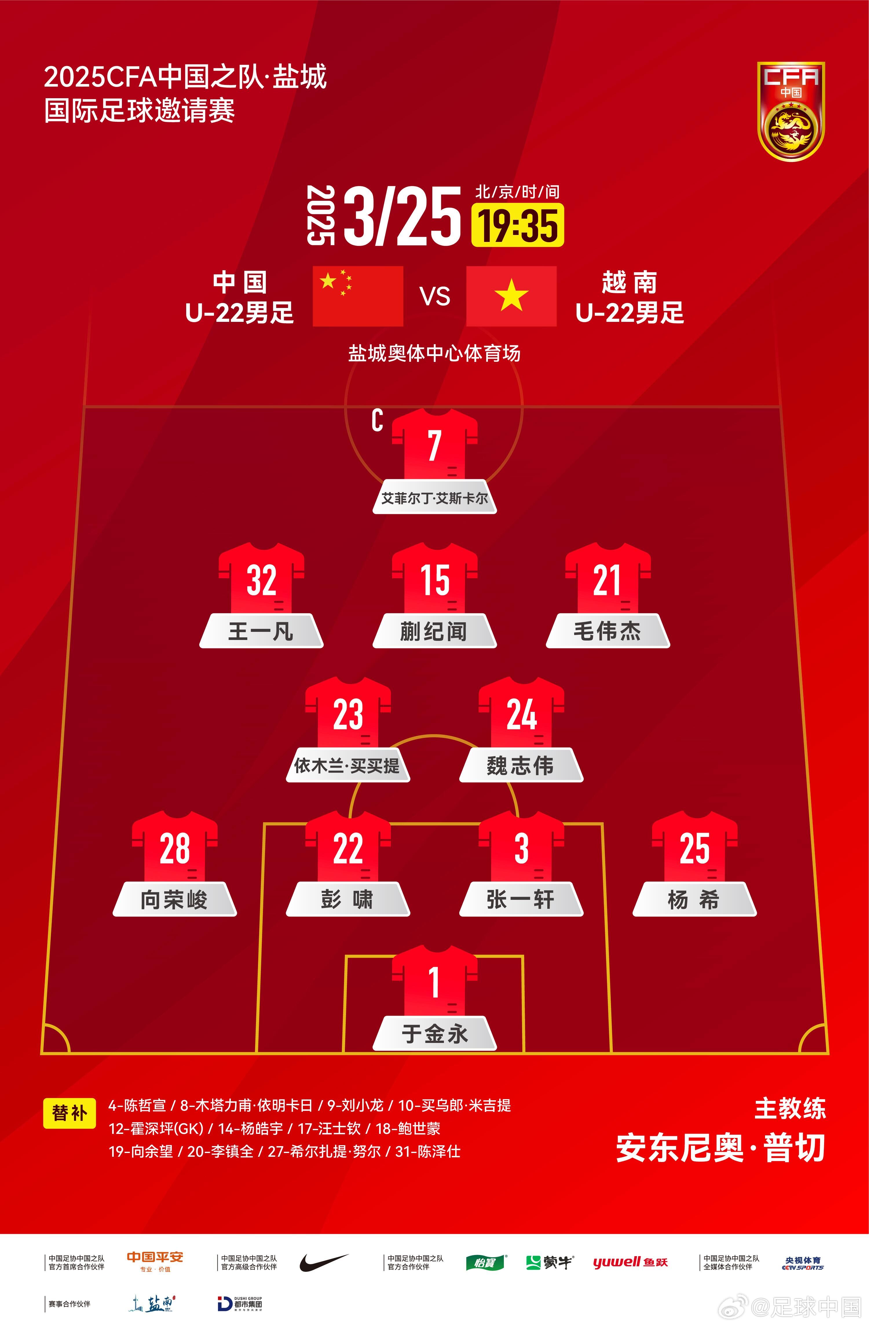 鹽城國際足球邀請賽中國U-22男足vs越南U-22男足，中國隊首發(fā)陣容